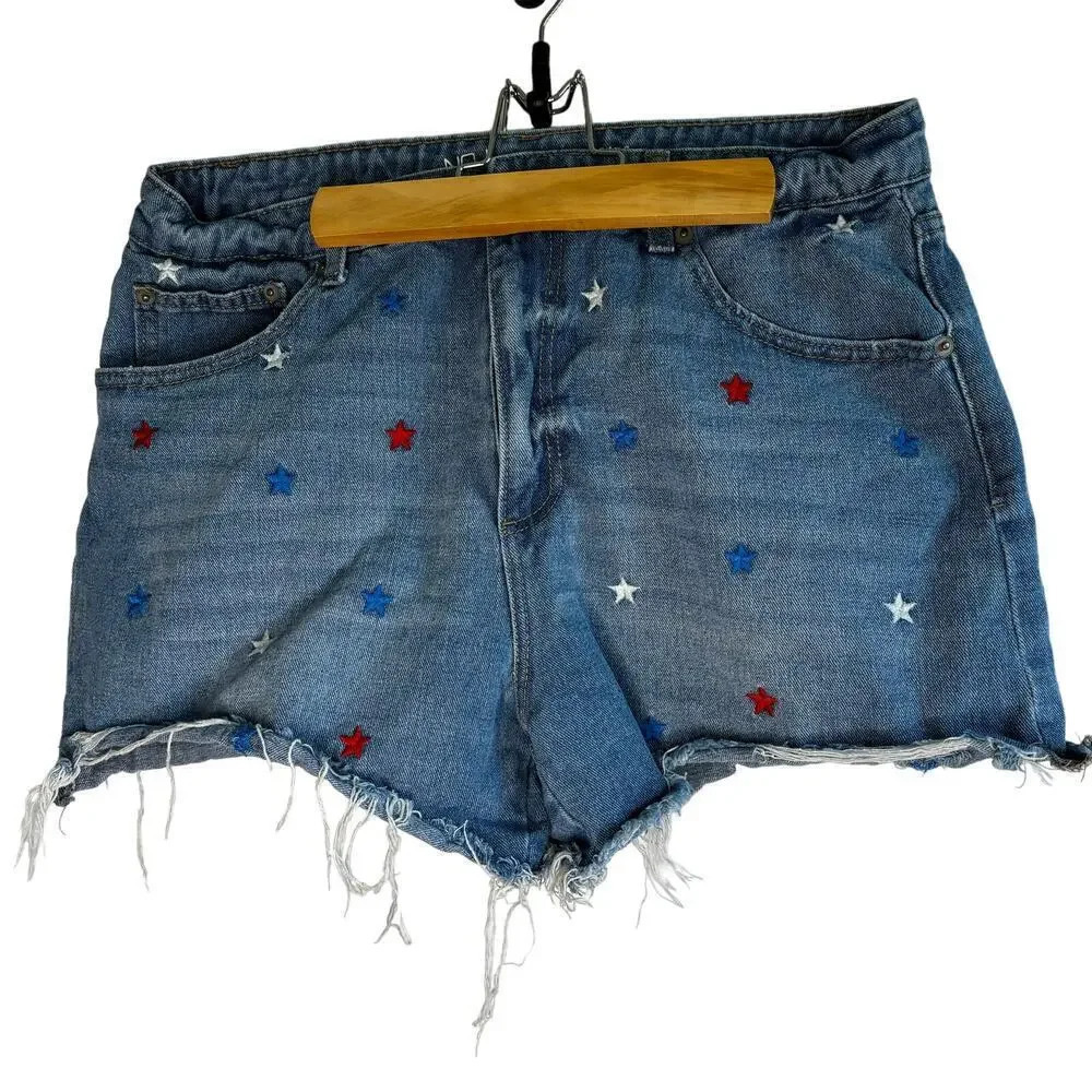 No Boundries Sz 13 Cut Off‎ Denim High Shorts Embroidered Stars Patriotic